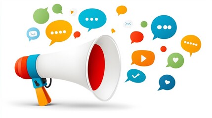 Poster - Vibrant of a megaphone with lively colorful speech bubbles on a clean background representing the concept of social media communication marketing and advertising