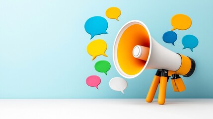 Fototapete - Vibrant and bold megaphone with colorful speech bubbles floating representing powerful messaging and digital marketing communication for business advertising and social media campaigns