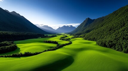 Poster - Serene Valley: A stunning aerial view of a lush, green valley nestled between towering mountain ranges. Sunlight bathes the landscape, creating a sense of tranquility and wonder.