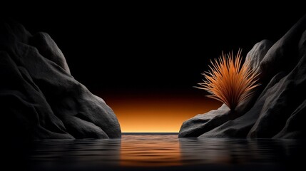 Wall Mural - Serene Sunset Oasis: Abstract 3D render of a tranquil scene featuring dark gray rocks framing an orange sunset reflected in still water, with a fiery orange plant adding a touch of vibrant life. 