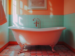 Poster - A white bathtub with a gold faucet sits in a bathroom with a green wall. The bathroom is decorated in a bright and cheerful manner, with a red and green color scheme