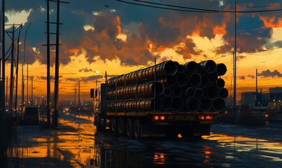 Wall Mural - Stacking industrial pipes into a trailer under metallic canopies