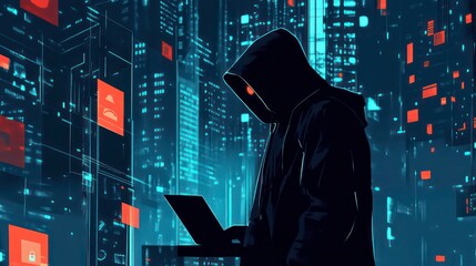 Canvas Print - in a digital underworld, a hooded hacker navigates a dark interface. spy anonymity, fraud security, 