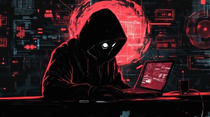 Wall Mural - a hooded figure sits in front of a laptop, their face obscured by the shadows of the hood. red and b