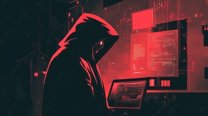 Canvas Print - a hooded figure sits in front of a computer screen, illuminated by the red glow of a digital world, 
