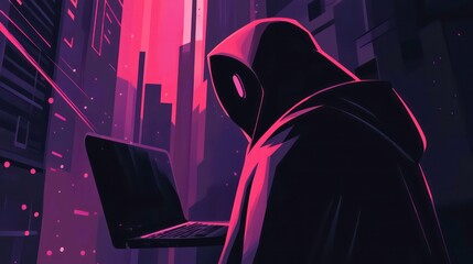 Wall Mural - a hooded figure uses a laptop in a futuristic cityscape, with a neon glow.