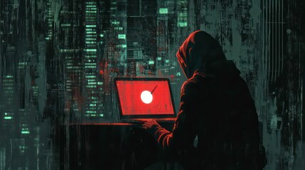 Canvas Print - a hooded figure sits at a laptop in front of a city skyline, working on a hacking project.