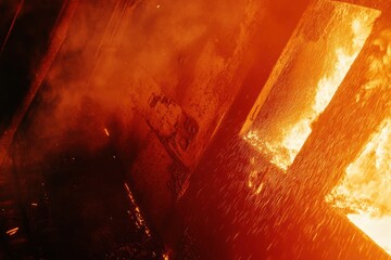 Leinwandbilder - A powerful industrial furnace releases intense flames and molten steel, showcasing the manufacturing process in action at night. Generative AI