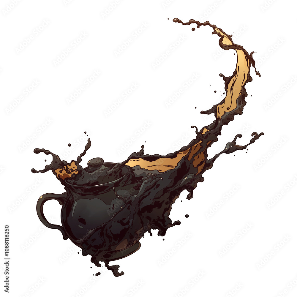 Splasing Tea Graphics dynamic splash of dark tea erupts from black teapot, isolated on white ...
