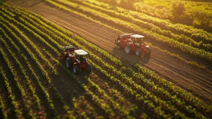 Aufkleber - Robotic machines efficiently work the fields, planting crops on a vibrant farm as the sun sets, illuminating the lush green landscape. Generative AI