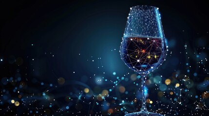 Wall Mural - a glass of red wine with a blue and black background of a connected network of dots and lines, with 