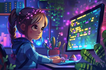 young girl coding late at night in a cozy, plant-filled room, glowing screen.