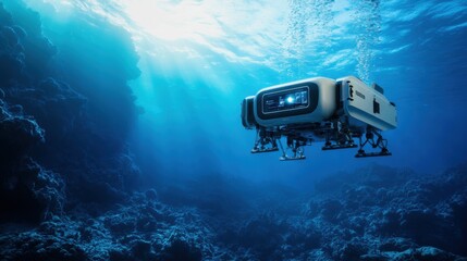 Poster - A futuristic AI-driven autonomous underwater robot for deep-sea exploration, clean ocean environment with robots designed for mapping and studying marine geology, Deep-Sea Exploration style