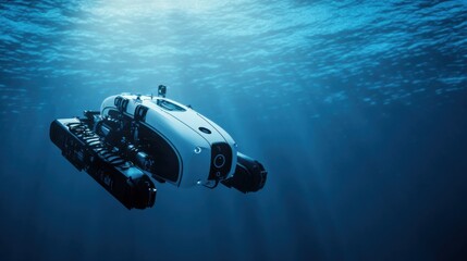 Poster - A futuristic AI-driven autonomous underwater robot for ocean exploration, clean deep-sea environment with robots designed for studying underwater ecosystems and collecting data