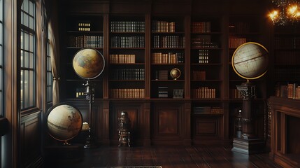 Wall Mural - Luxurious library interior with antique globes and bookshelves.