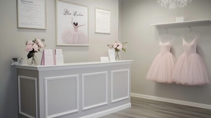 A boutique shop with two pink tulle dresses hanging on a shelf, a reception desk with floral arrangements, and a framed picture of a ballerina in a tutu.