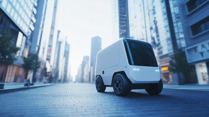 Poster - A futuristic AI-driven autonomous vehicle for urban delivery services, clean city environment with vehicles designed for fast and reliable delivery of goods, Urban Delivery style