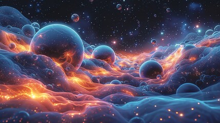 Wall Mural - Abstract cosmic landscape with glowing orbs and nebulae.