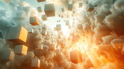 Canvas Print - abstract digital art depicting cubes floating in a cloudy, sunlit sky.