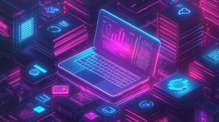 Neon laptop displaying data analytics amidst glowing digital cubes.