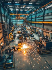 Aufkleber - Inside a large industrial workshop, workers are engaged in welding as sparks illuminate the space during busy daytime operations. Generative AI