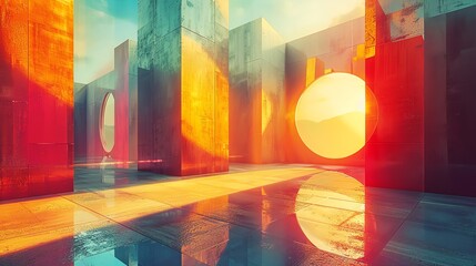 Wall Mural - abstract sunset scene in a colorful, geometric, concrete structure with reflective floor.