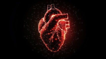 a glowing red human heart with a low poly design on a dark background.