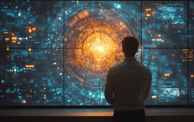 Poster - American IT specialist working with a large digital screen, analyzing futuristic data with intense focus, showcasing innovation and technology in a contemporary office setting
