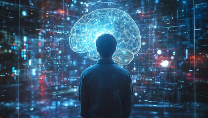 Aufkleber - Digital brain interface activated by a man, highlighting the connection between human cognitive abilities and artificial intelligence in a hightech, futuristic environment