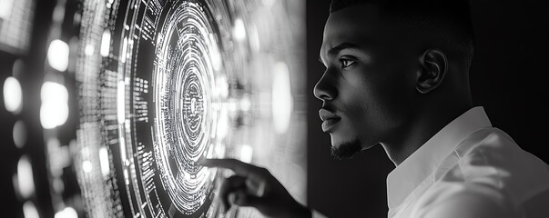 Poster - Focused American IT specialist examining advanced digital data on a futuristic screen, showcasing technology and innovation in a modern office environment