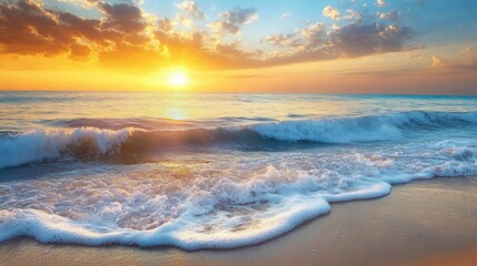 Poster - The sun sets on the horizon, casting warm colors over the ocean waves gently lapping at the shore, creating a serene atmosphere. Generative AI