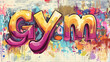 © Thiago - A vibrant graffiti artwork depicting the word 'gym' with a 'school' tag on a dynamic, colorful background. Dynamic Street Graffiti. Illustration