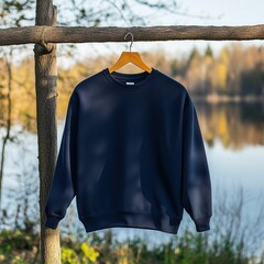 Wall Mural - Hanging navy blue sweatshirt mockup. Plain unisex shirt with nature background. Long sleeve t-shirt on hanger, forest and lake backdrop. Gender neutral basic tee. Vacation, travel designs template