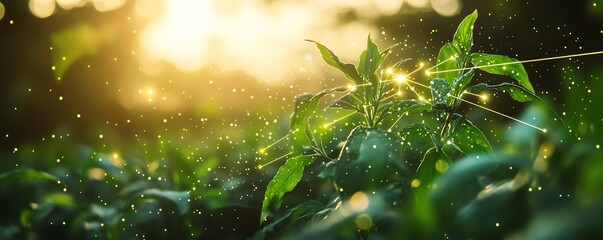 Aufkleber - Green plants in a field with intricate AI data lines weaving between them, representing the revolution of artificial intelligence in precision agriculture and smart farming