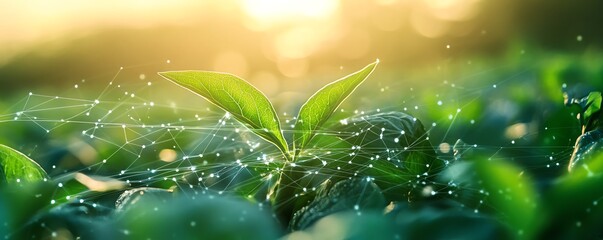 Aufkleber - Green plants in a field with intricate AI data lines weaving between them, representing the revolution of artificial intelligence in precision agriculture and smart farming