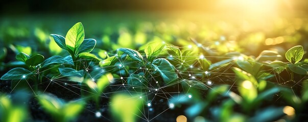 Aufkleber - Green plants in a field with intricate AI data lines weaving between them, representing the revolution of artificial intelligence in precision agriculture and smart farming