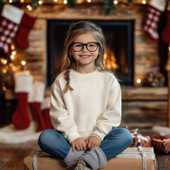 Wall Mural - Kids white sweatshirt mockup. Beautiful girl model in glasses wearing Gildan 18000, Christmas decorated background. Kids long sleeve tshirt mockup. Children blank basic shirt template	