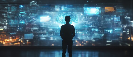 Fototapete - Man using a digital brain interface to access information, symbolizing the advanced synergy between human cognition and artificial intelligence in a futuristic setting