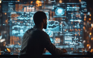 Poster - American IT specialist studying complex digital data on a futuristic screen, deeply immersed in technology and innovation in a cuttingedge office environment