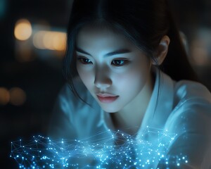 Poster - Focused businesswoman presenting a glowing stock market graph hologram, symbolizing data analysis, innovation, and the future of financial strategies in a digital age