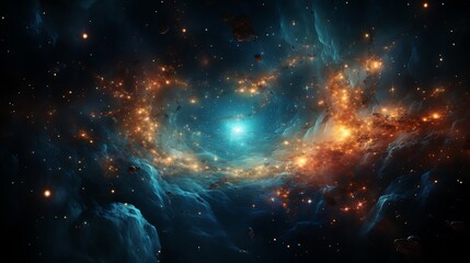 Wall Mural - Cosmic nebula with swirling orange and blue gases, bright core, and scattered space dust.