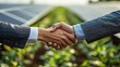 © PJ Gallery - Sustainable partnership agreement solar farm business collaboration agricultural field close-up perspective eco-friendly initiatives