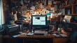 © siyons - Messy creative workspace with computer, cluttered desk, and inspiration board.