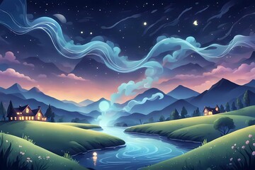 A hand-drawn mountain scene with moonlight, stars, trees, water, and a rustic, natural aesthetic