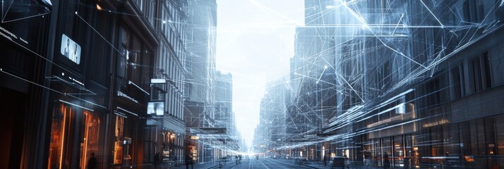 Fototapete - Modern architecture creates a vibrant smart city where buildings are interlinked by an advanced AI network creating efficient connectivity. Generative AI