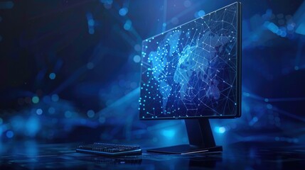 A computer monitor displaying a world map with connected lines, against a blue, futuristic background.