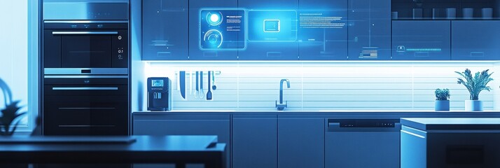 Aufkleber - This kitchen showcases innovative smart appliances against a stylish backdrop, complete with soft blue lighting for a modern atmosphere. Generative AI