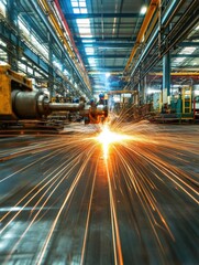 Aufkleber - Workers actively welding in a large industrial workshop, creating sparks amidst machinery and equipment throughout the facility. Generative AI