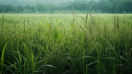 Leinwandbilder - Tall grasses and healthy soybeans stretch across the green meadow, illuminated by soft sunlight in a tranquil rural setting. Generative AI