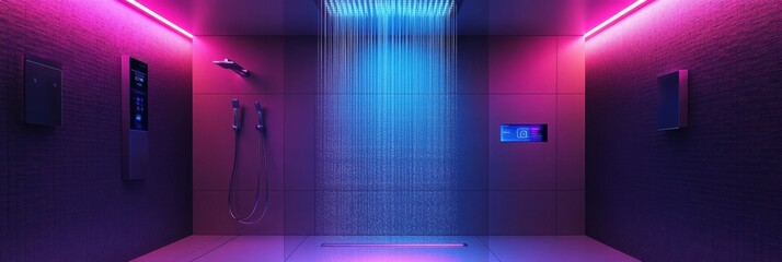 Aufkleber - This modern bathroom showcases a smart shower with an advanced touch control panel and vibrant ambient lighting, creating a relaxing atmosphere. Generative AI